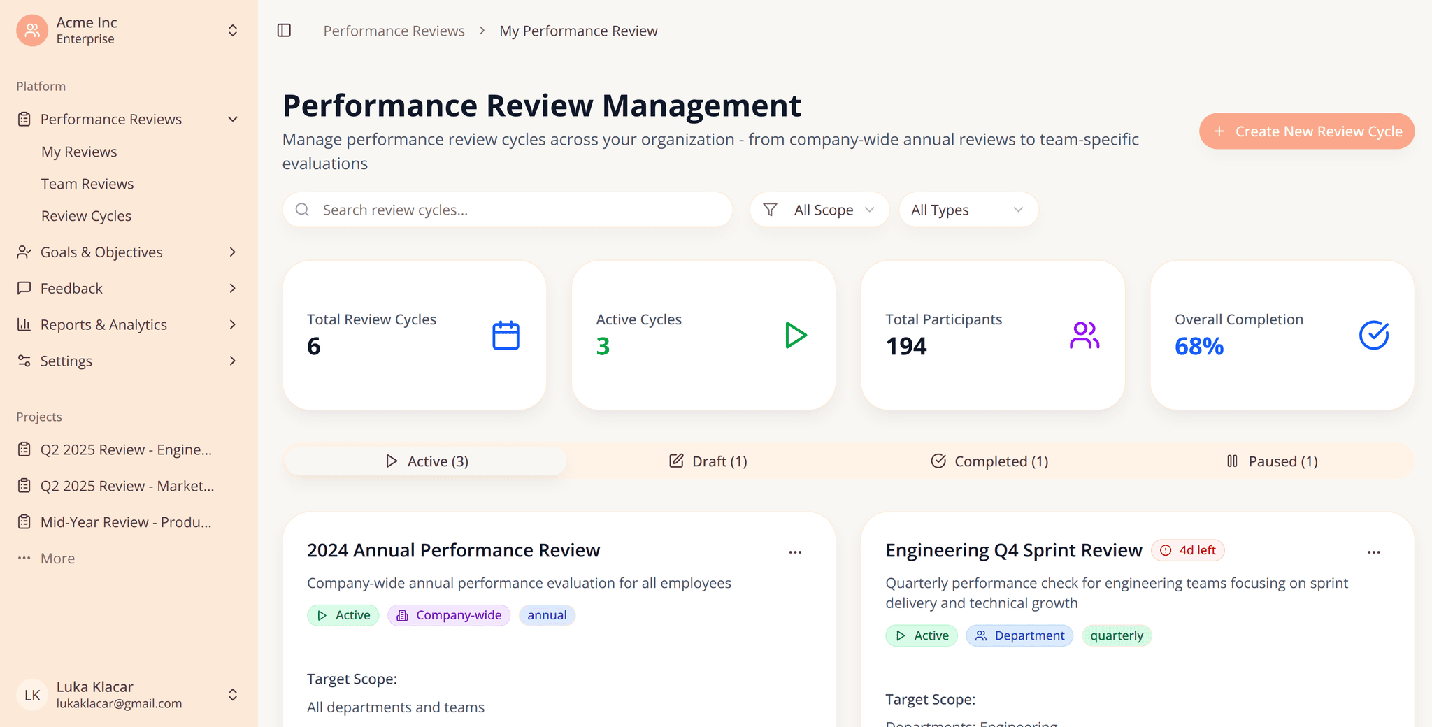 Evalico Performance Review Dashboard